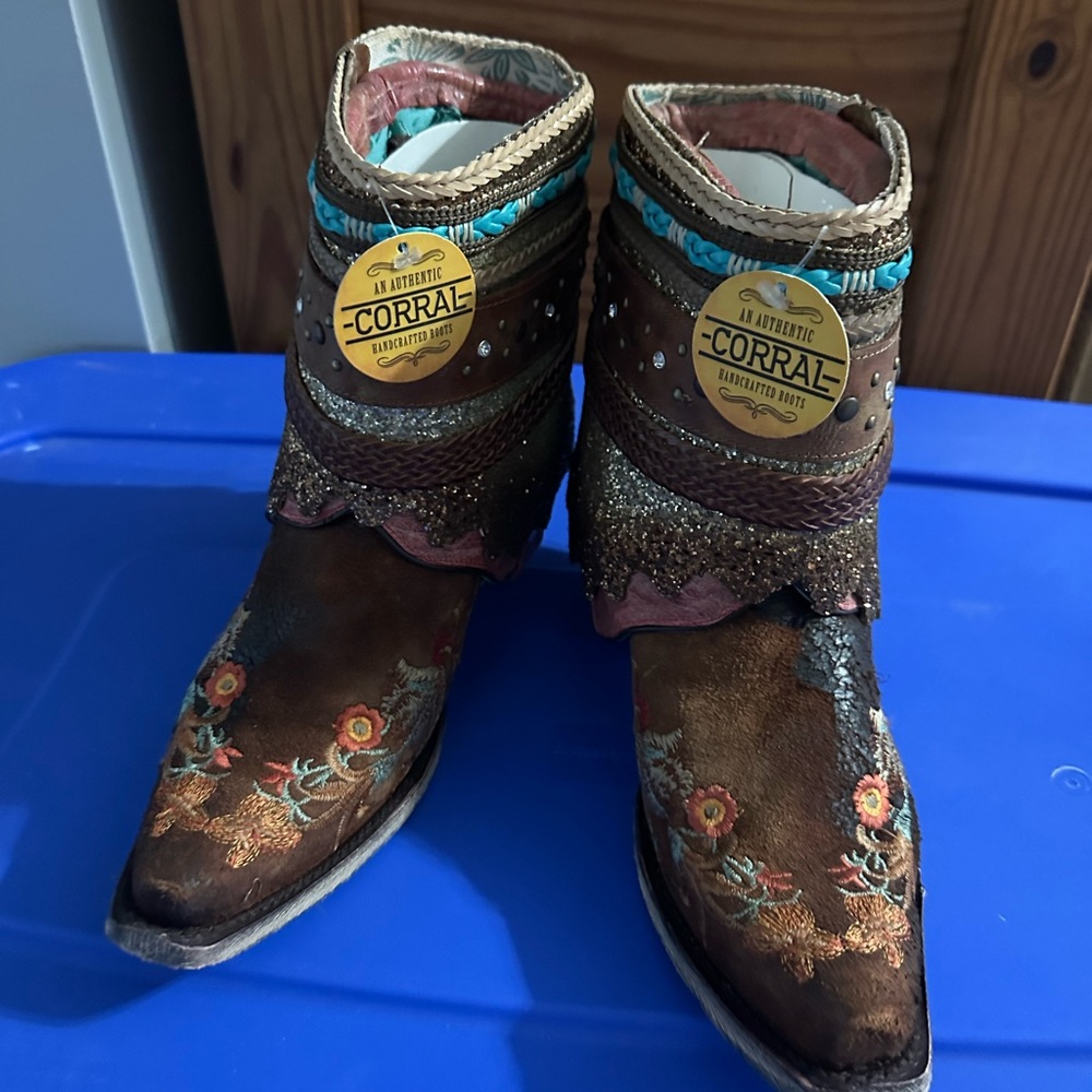 Corral Distressed Brown Floral Embroidery Flipped Shaft Ankle Boot